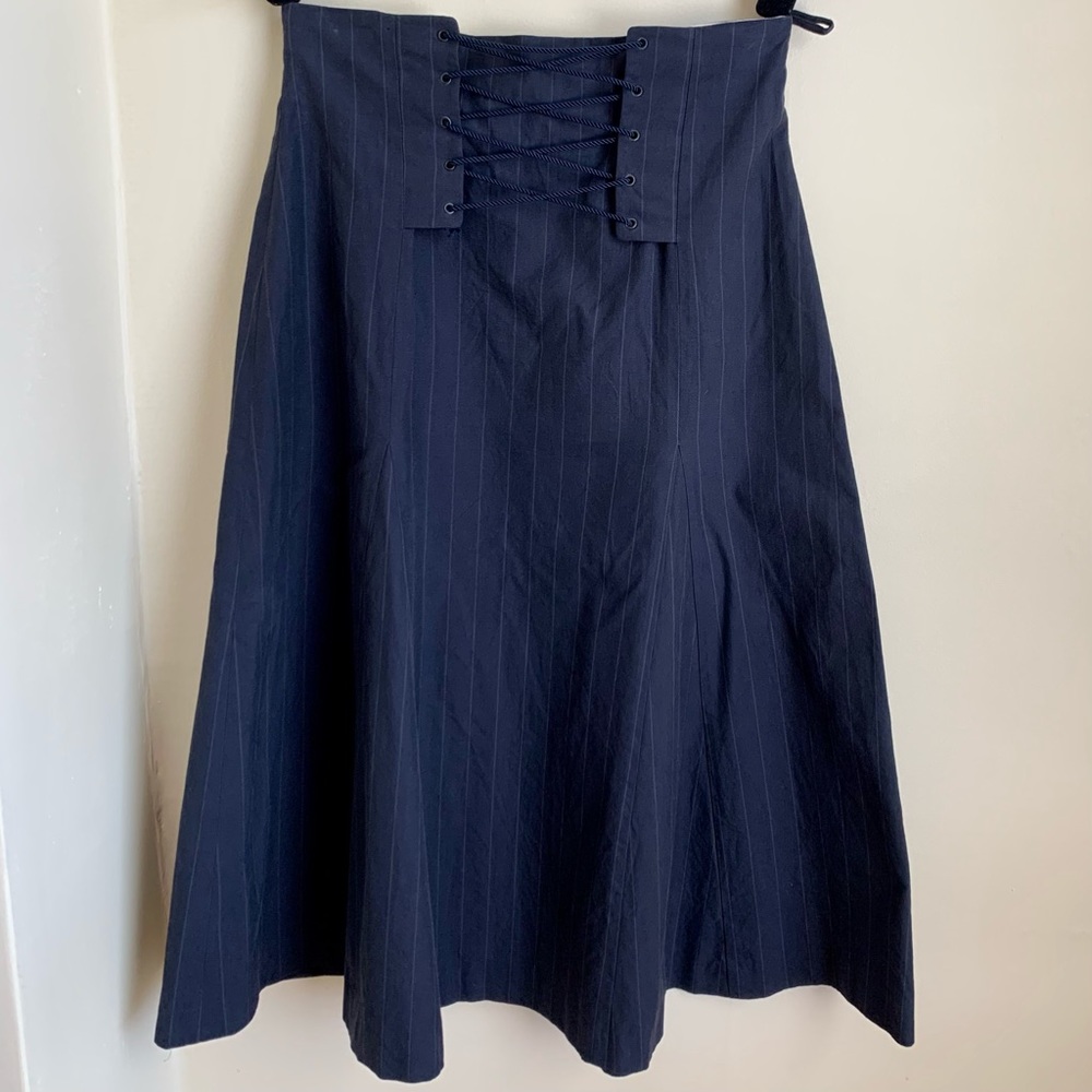 Michel Klein Paris Vintage Pin Stripe Lace Up Midi Skirt Blue Sz M